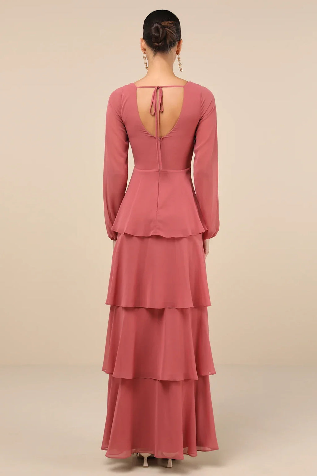 Flawless Excellence Rusty Rose Tiered Long Sleeve Maxi Dress