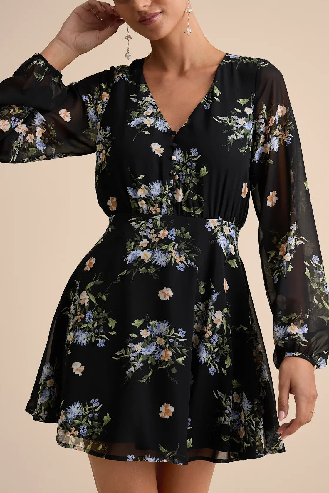 Always Your Black Floral Print Long Sleeve Skater Dress