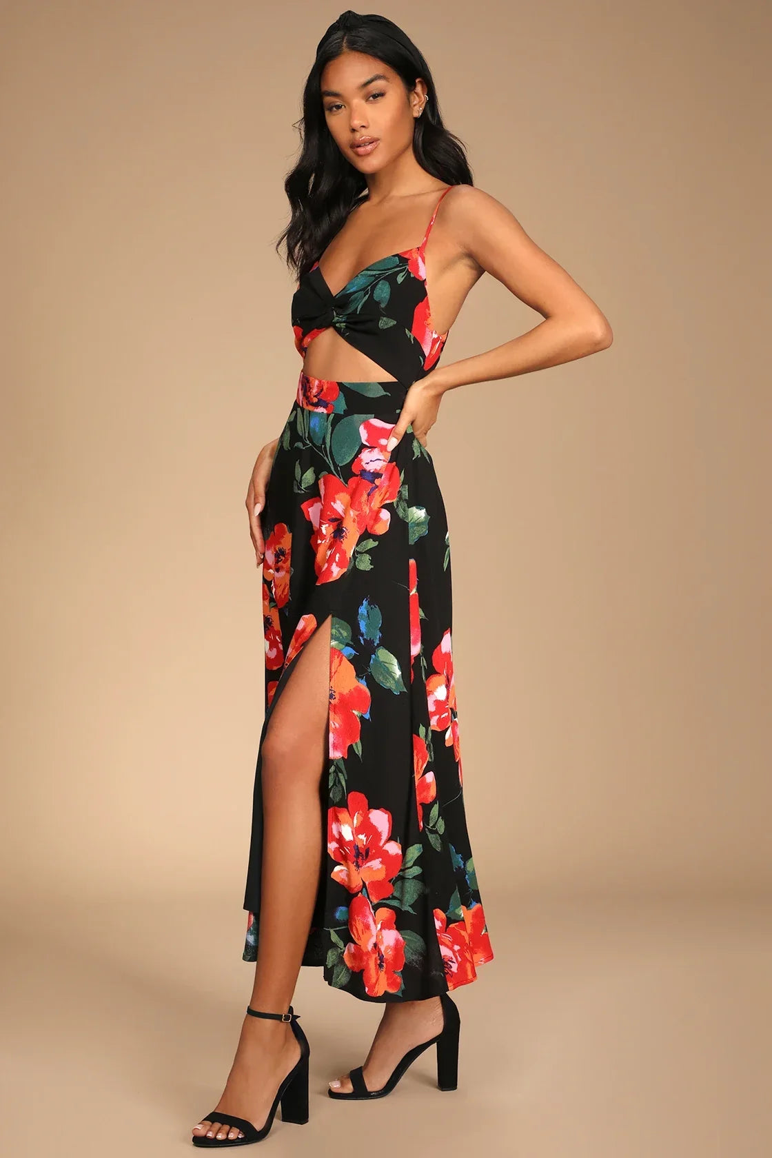 Tropical Blooms Light Blue Floral Print Tie-Back Cutout Dress