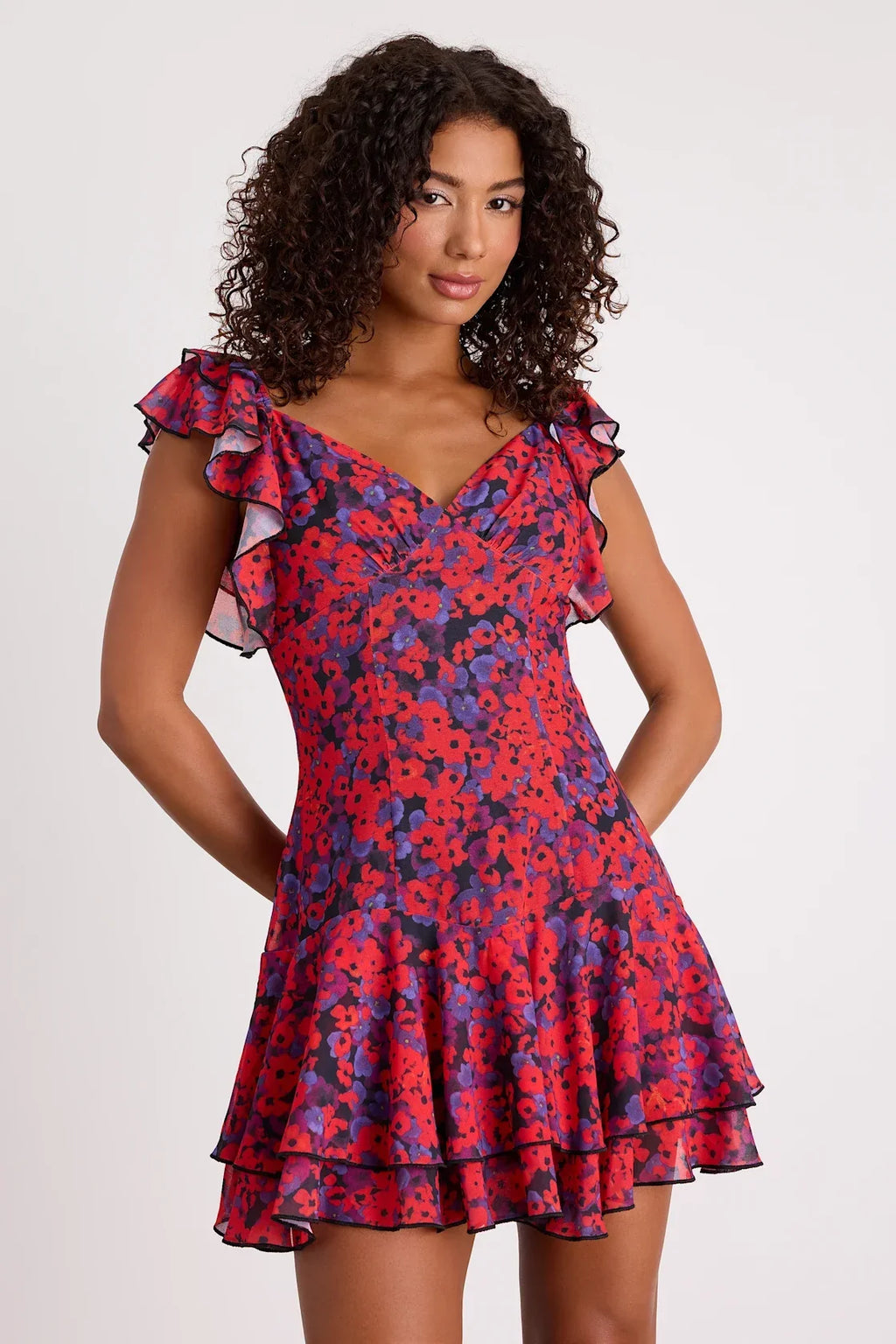 Maulana Red and Black Floral Flutter Sleeve Mini Dress