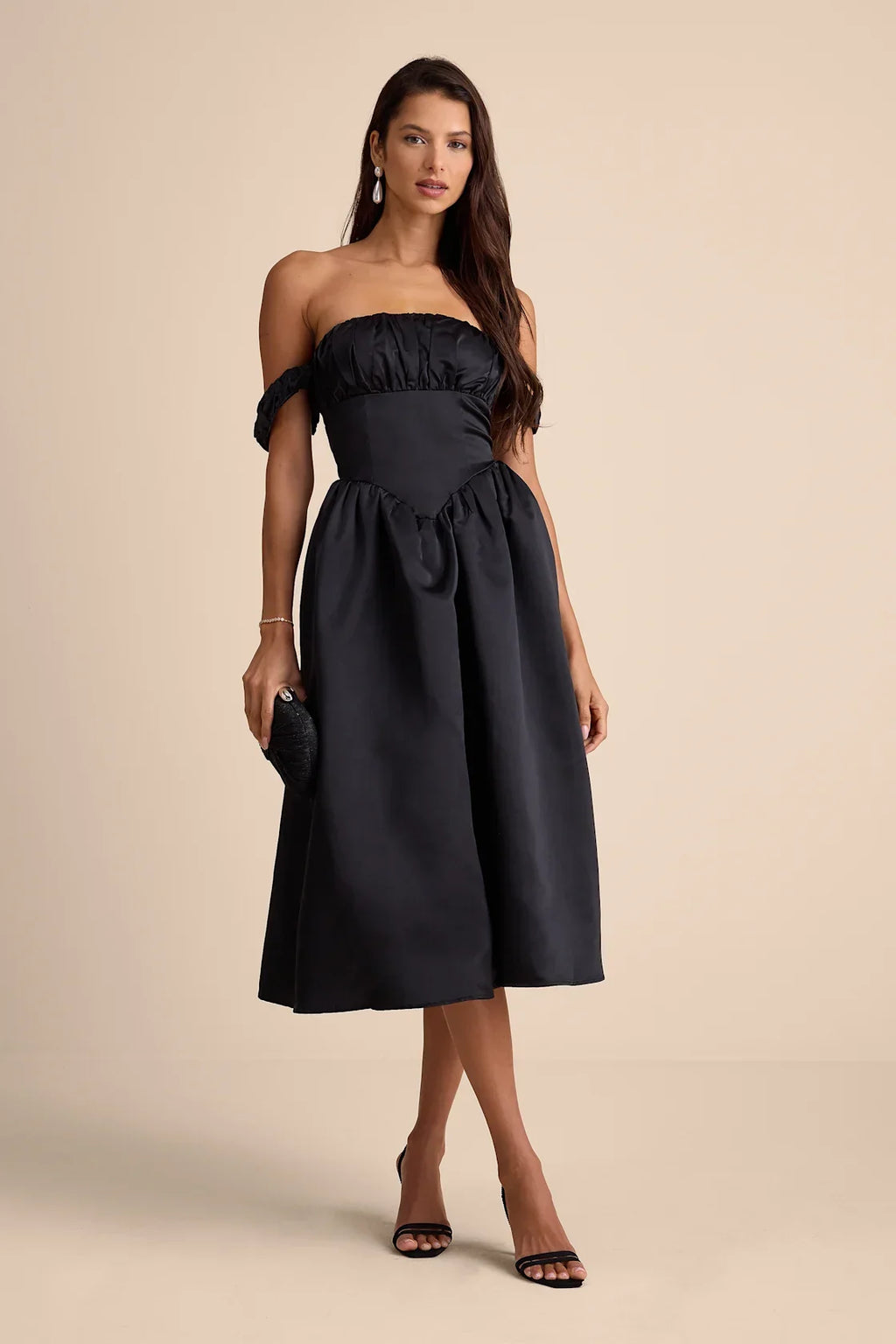 Coquette Essence Pink Satin Off-the-Shoulder Lace-Up Midi Dress