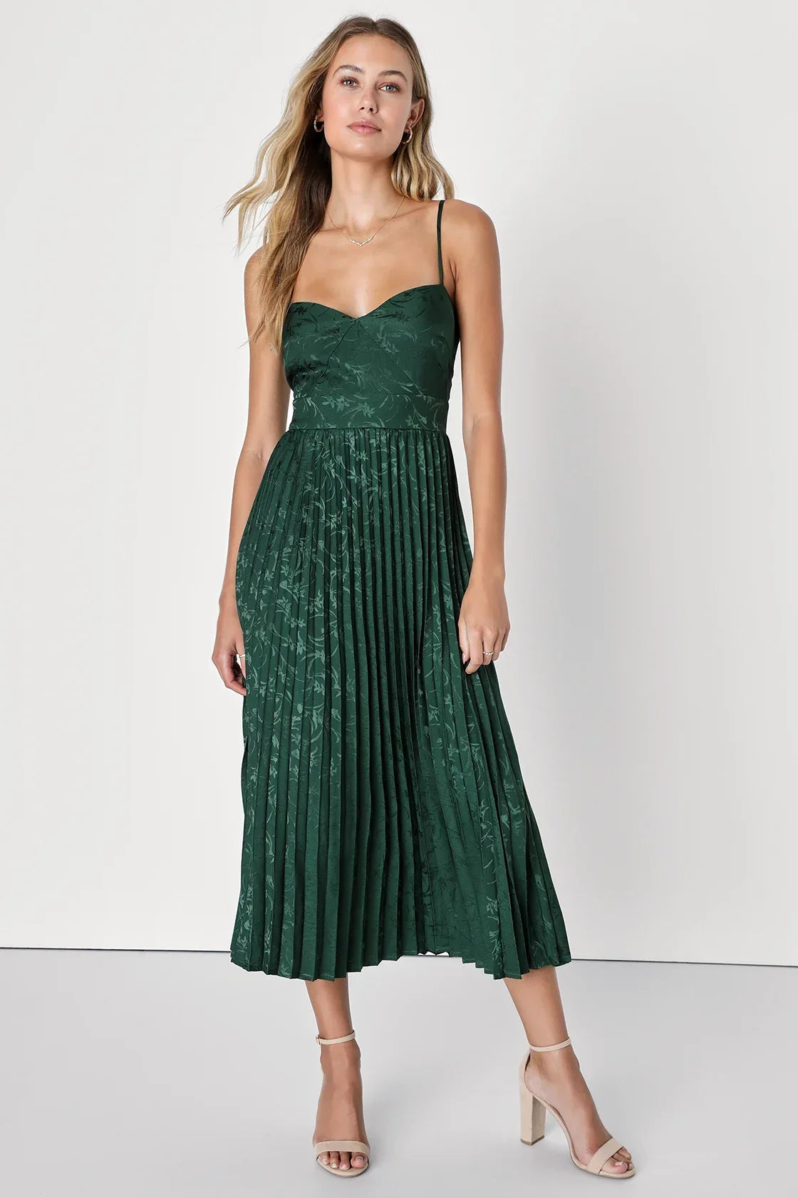 Regal Romance Black Floral Jacquard Pleated Satin Midi Dress