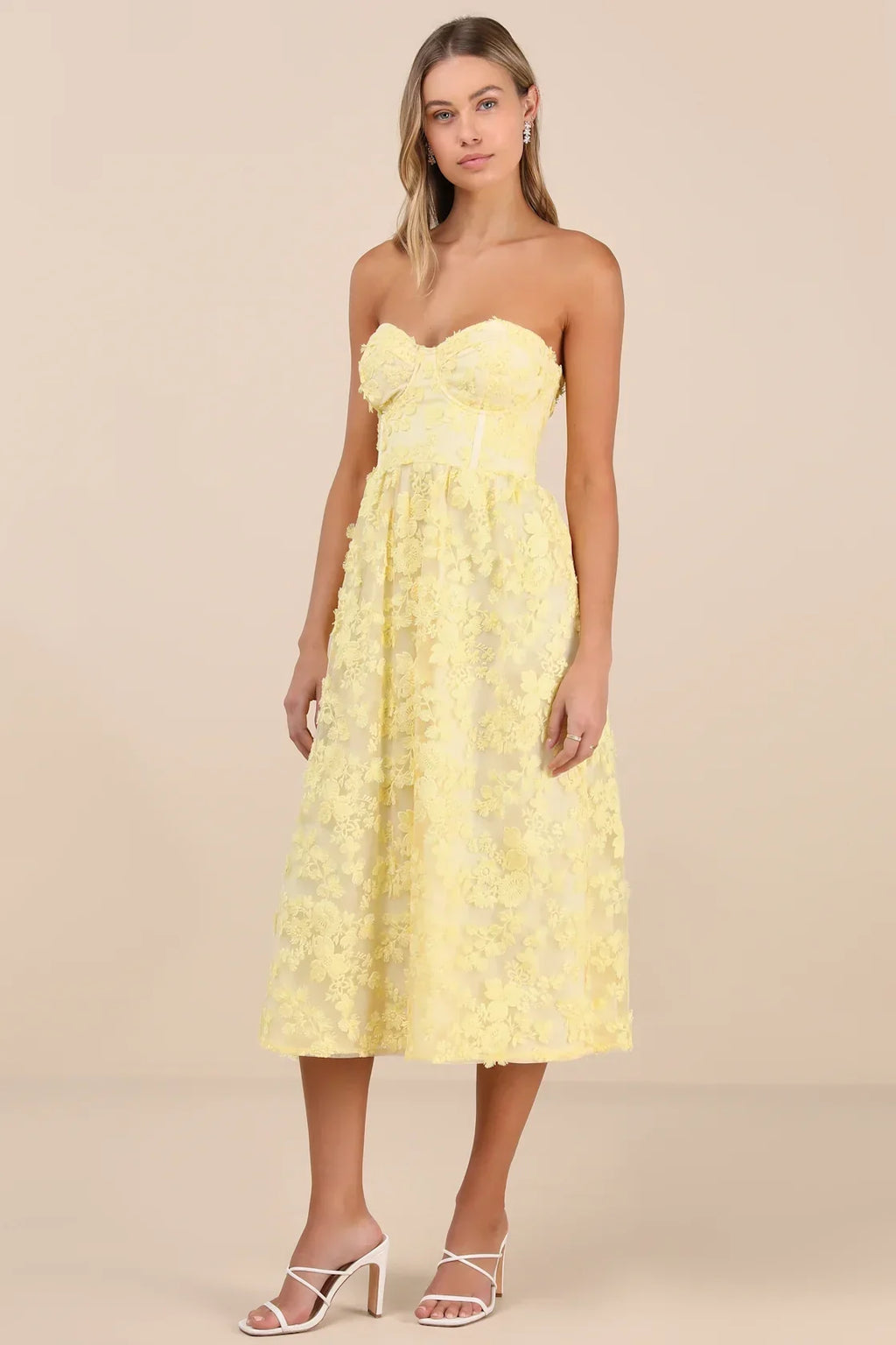 Quite Perfect White Floral Embroidered Strapless Midi Dress