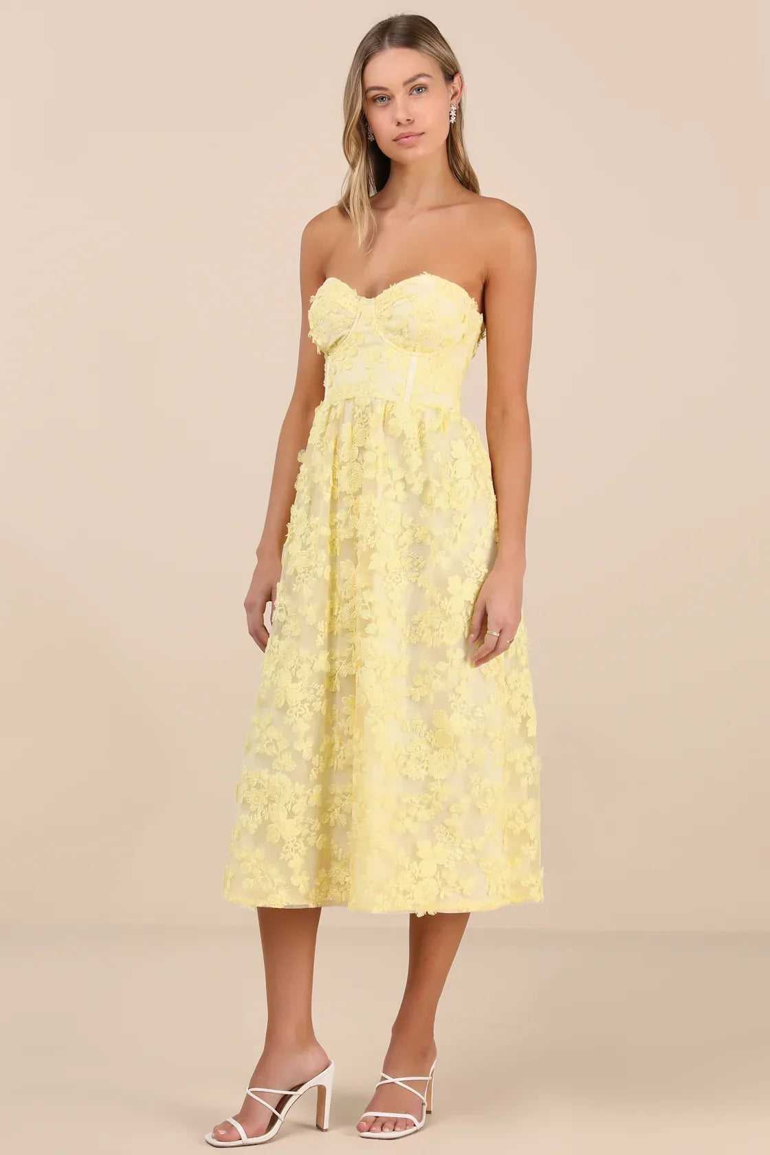 Quite Perfect White Floral Embroidered Strapless Midi Dress