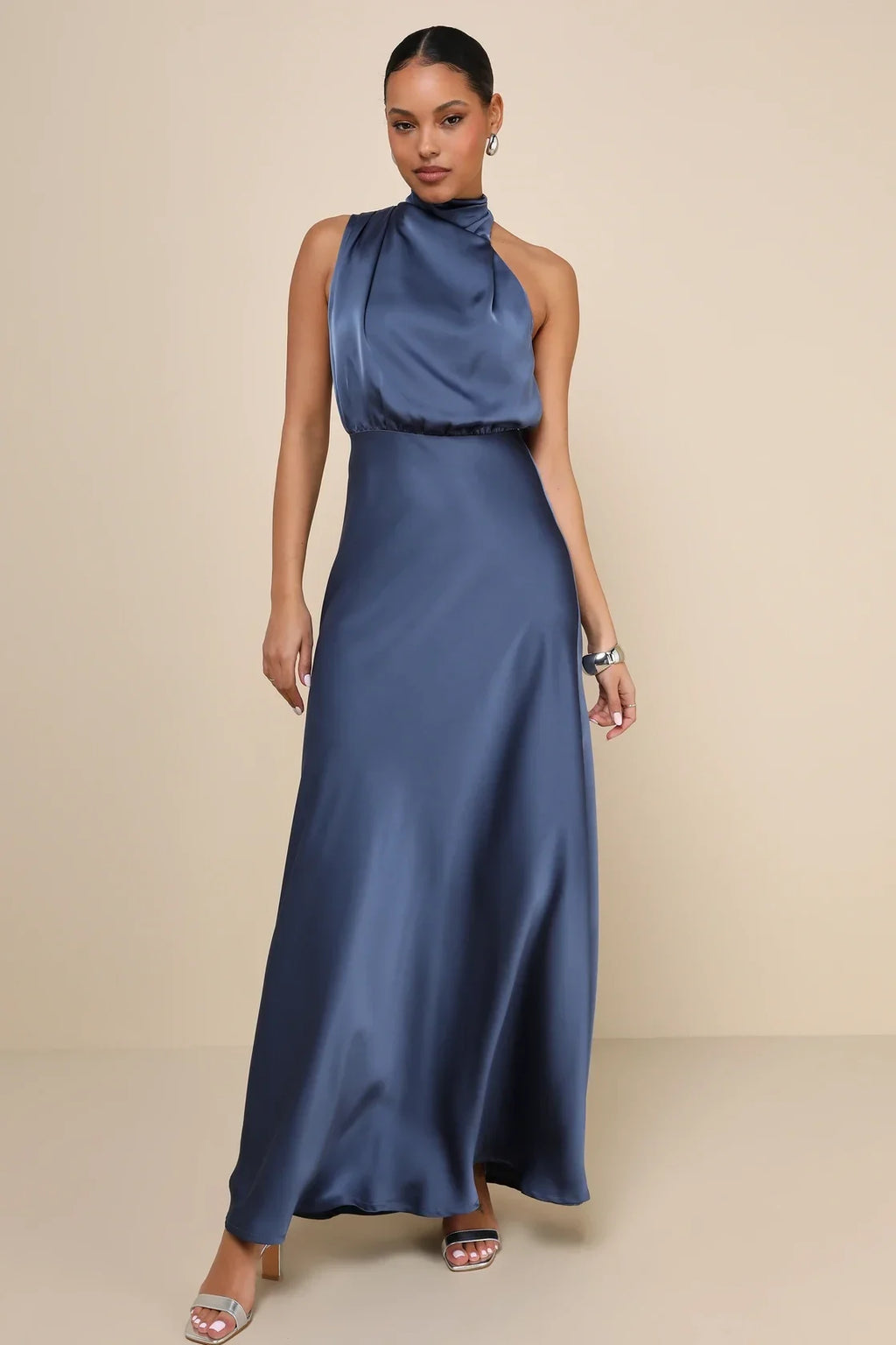 Distinctive Charm Slate Blue Satin Asymmetrical Maxi Dress