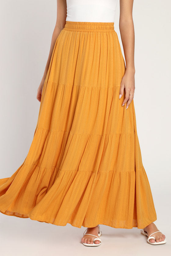 Sunset by the Sea Mustard Yellow Embroidered Tiered Maxi Skirt