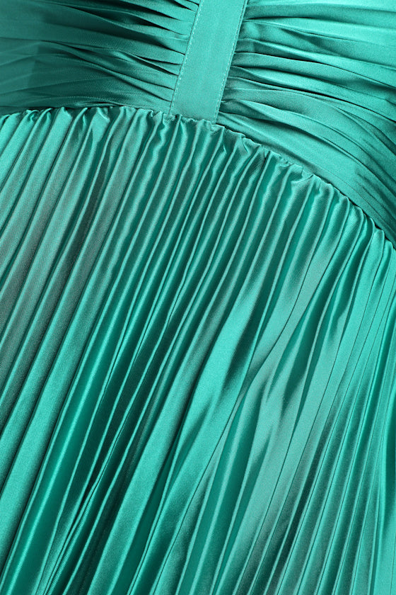 Dreaming in Color Green V-Neck Pleated Satin Maxi Dress
