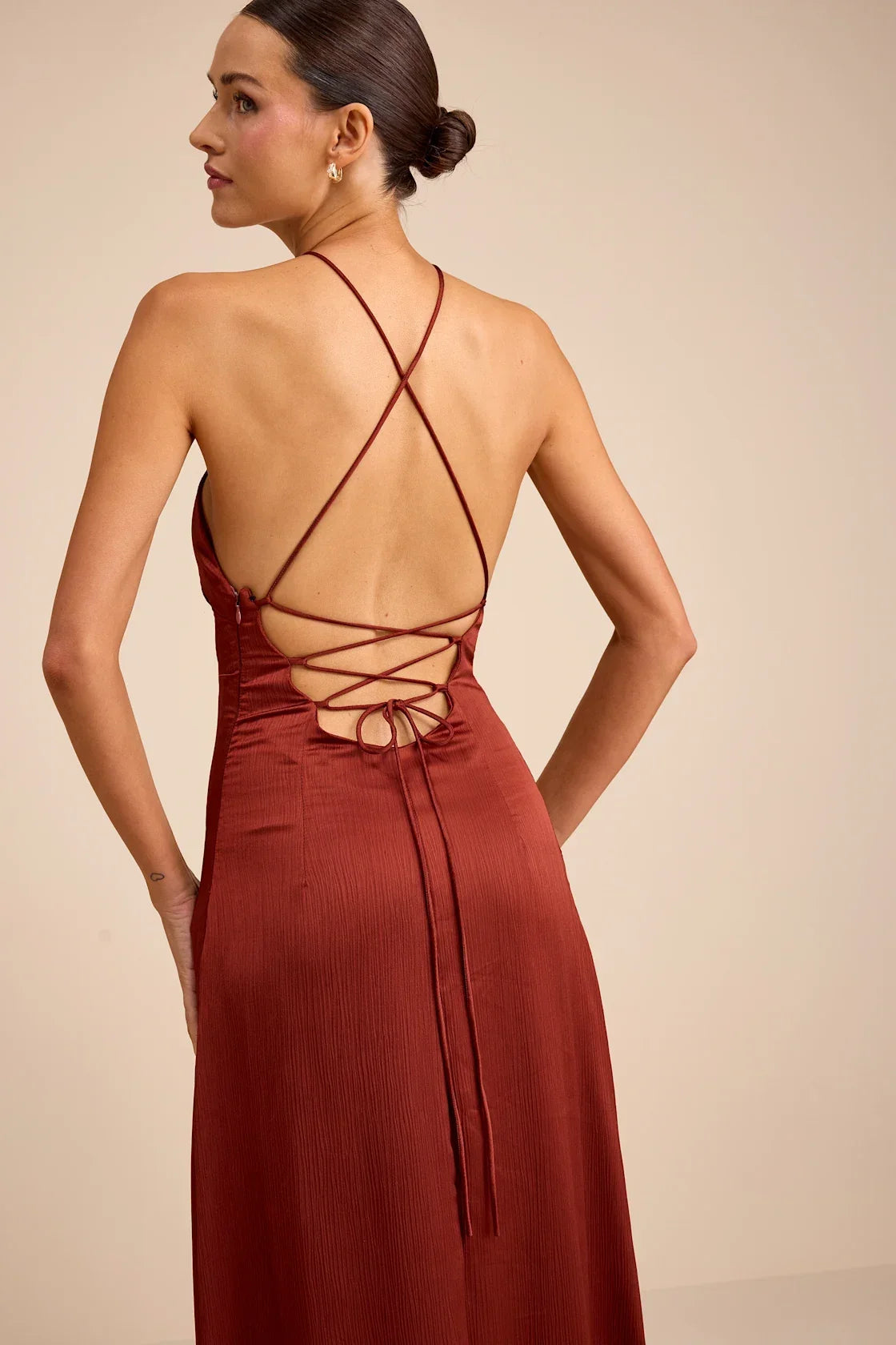 Nisrine Rust Red Satin Lace-Up Halter Maxi Dress
