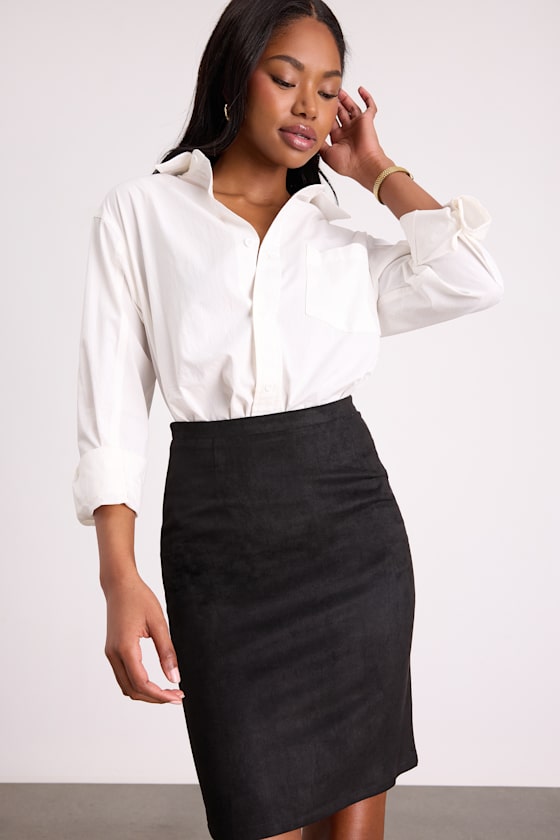 Superpower Black Suede Pencil Skirt