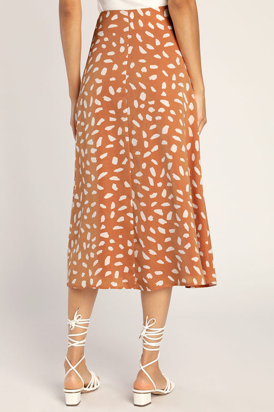 Getting Glam Peach Print Slit Midi Skirt