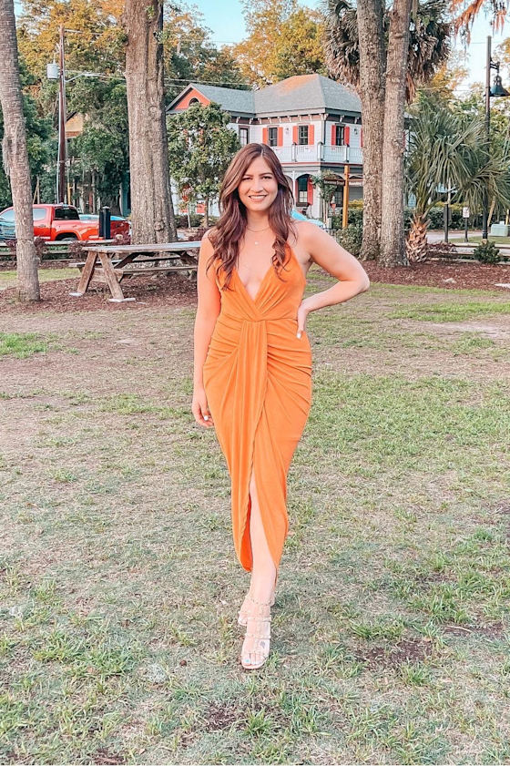 Dreamy Date Orange Surplice Midi Dress