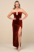 Elegant Success Rust Velvet Rhinestone Strapless Maxi Dress