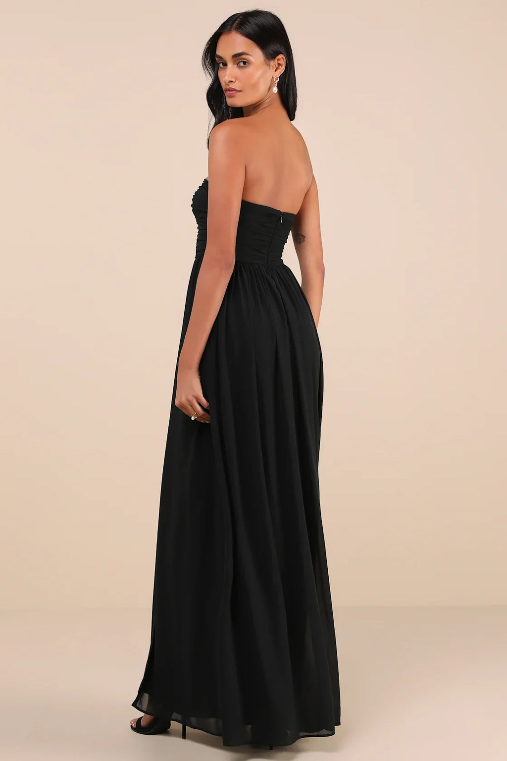 Luxe Favorite Peach Pink Strapless Ruched Maxi Dress