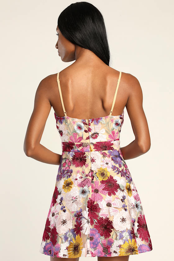 Garden Grandeur Beige Floral Embroidered A-Line Mini Dress