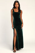 Elegant Sweetie Emerald Green Velvet Square Neck Maxi Dress