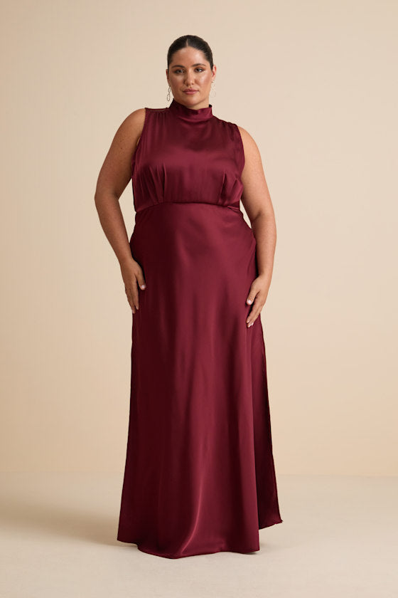 Classic Elegance Wine Satin Maxi Dress