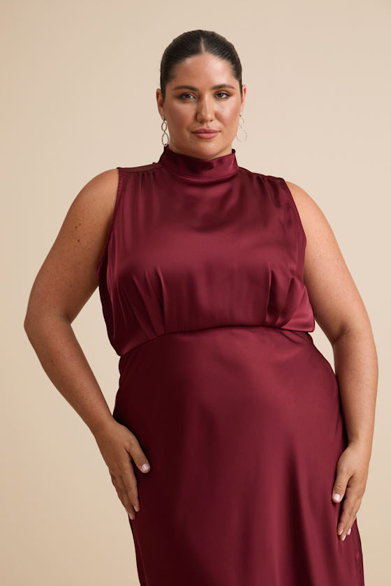 Classic Elegance Wine Satin Maxi Dress