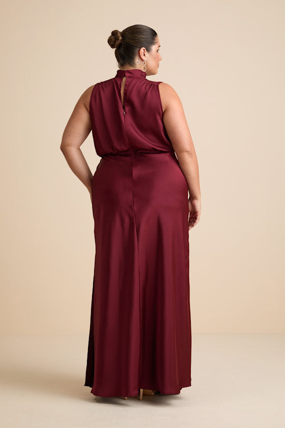 Classic Elegance Wine Satin Maxi Dress