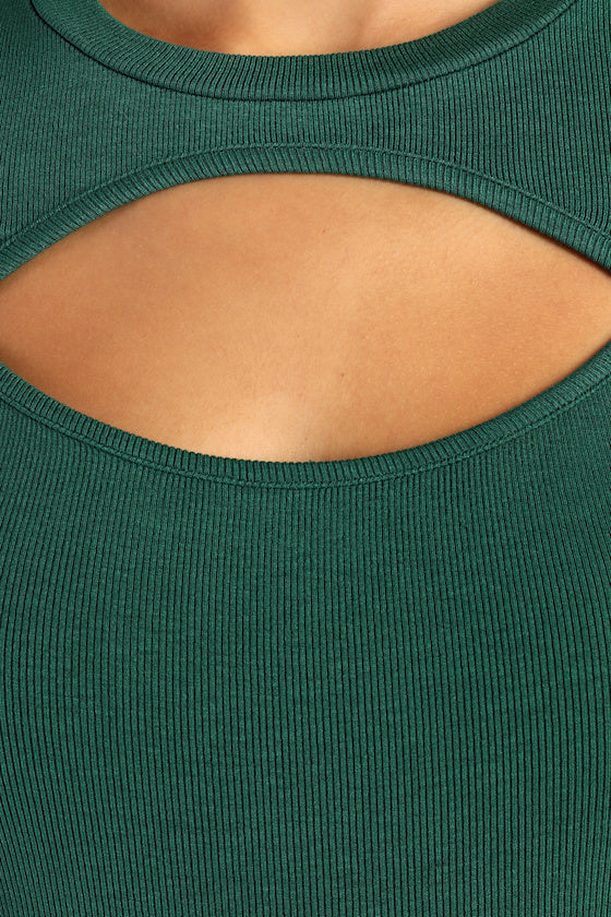 Flirty Little Secret Emerald Green Ribbed Cutout Long Sleeve Top
