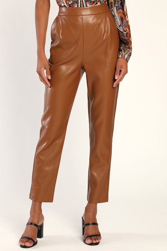 Kick It Brown Vegan Leather High-Waisted Trouser Pants
