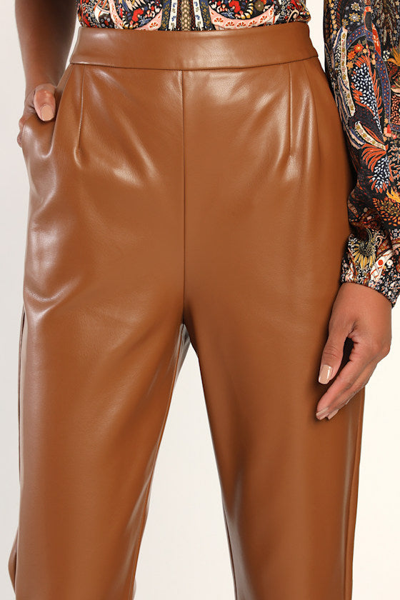 Kick It Brown Vegan Leather High-Waisted Trouser Pants
