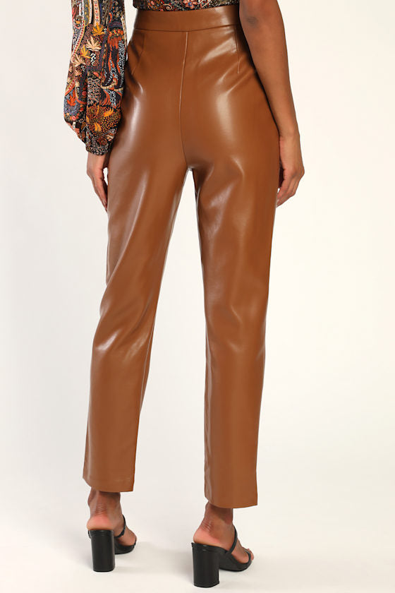 Kick It Brown Vegan Leather High-Waisted Trouser Pants