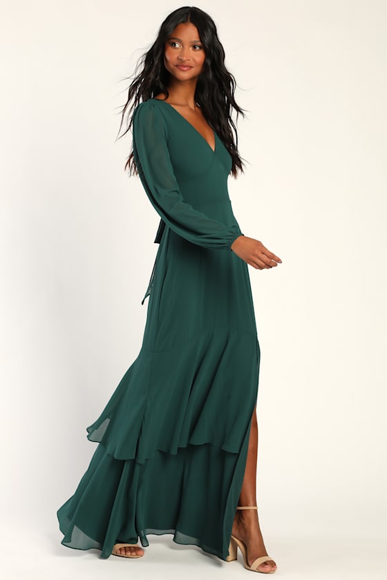 Tier Elegance Hunter Green Long Sleeve Tiered Maxi Dress