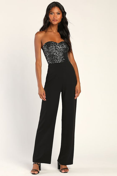 Total Hottie Black Sequin Strapless Jumpsuit