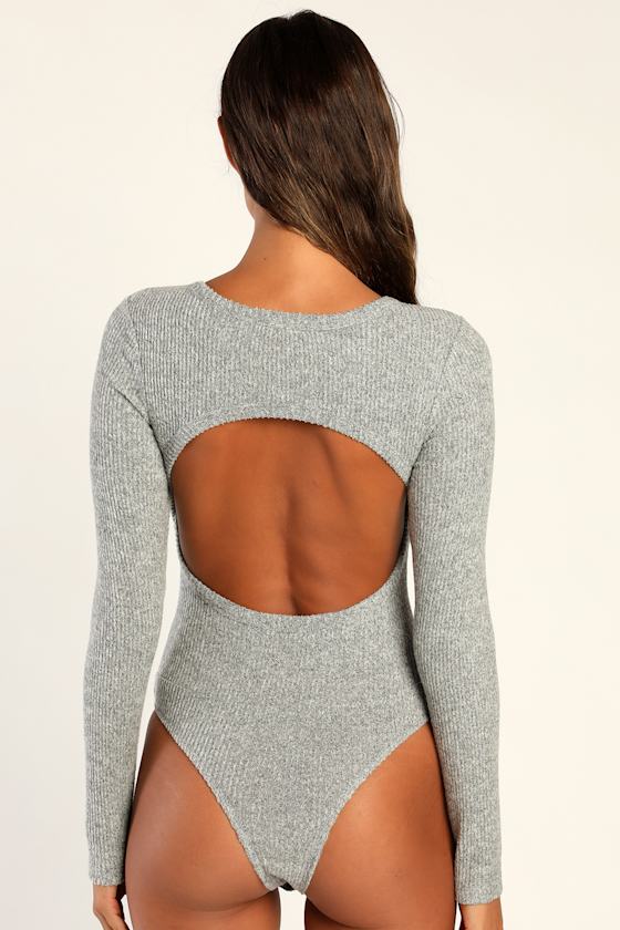Everyday Babe Heather Grey Ribbed Long Sleeve Cutout Bodysuit