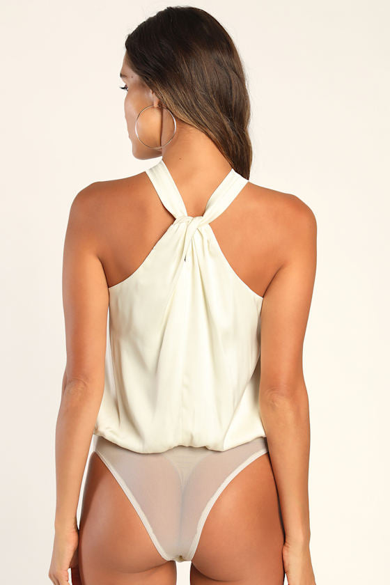Posh Attitude Ivory Satin Knotted Halter Bodysuit
