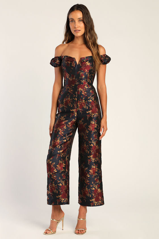 New Glam Midnight Blue Floral Jacquard Off-the-Shoulder Jumpsuit