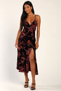 Divine Allure Burgundy Floral Burnout Velvet Midi Dress