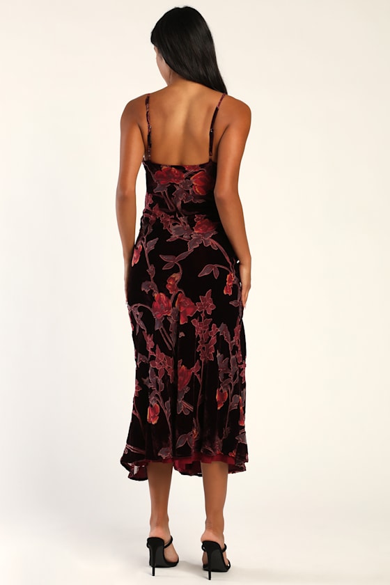 Divine Allure Burgundy Floral Burnout Velvet Midi Dress