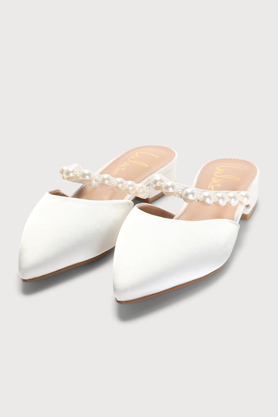 Hershie White Satin Pearl Pointed-Toe Mule Slides