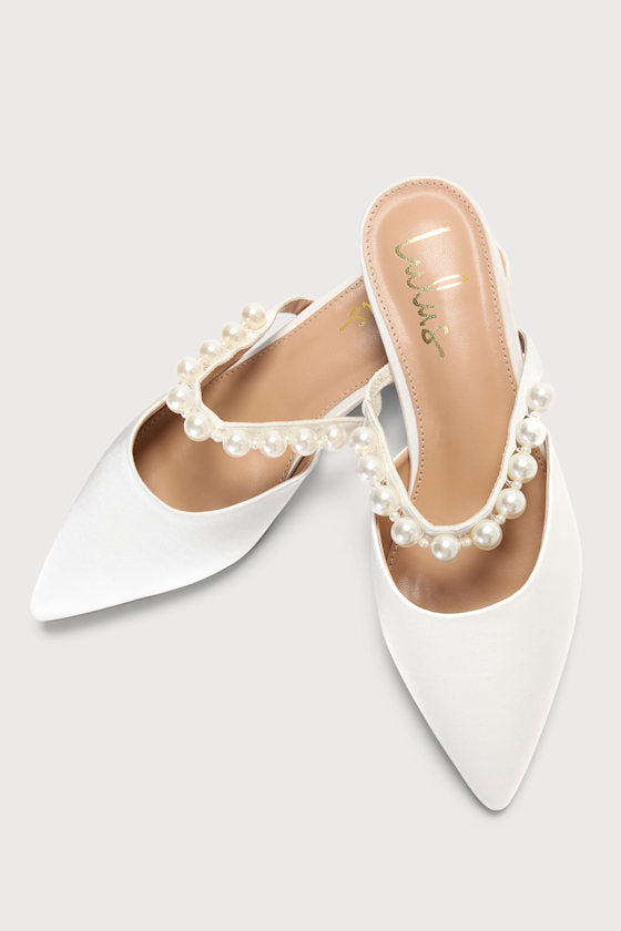 Hershie White Satin Pearl Pointed-Toe Mule Slides