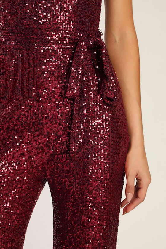 Flirty Moves Wine Red Sequin Strapless Wide-Leg Jumpsuit