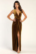Beautiful Evenings Olive Green Velvet Twist-Front Maxi Dress