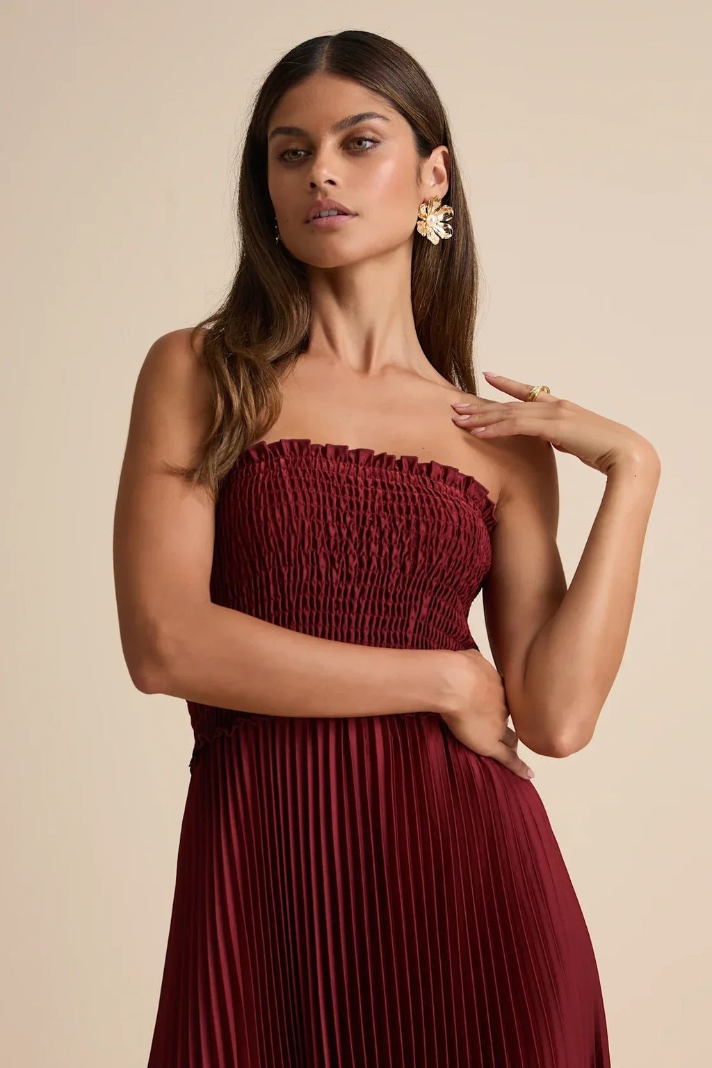 Damira Rust Satin Pleated Strapless Maxi Dress
