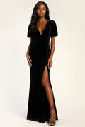 Elegant Evenings Black Velvet Flutter Sleeve Trumpet Maxi Dress