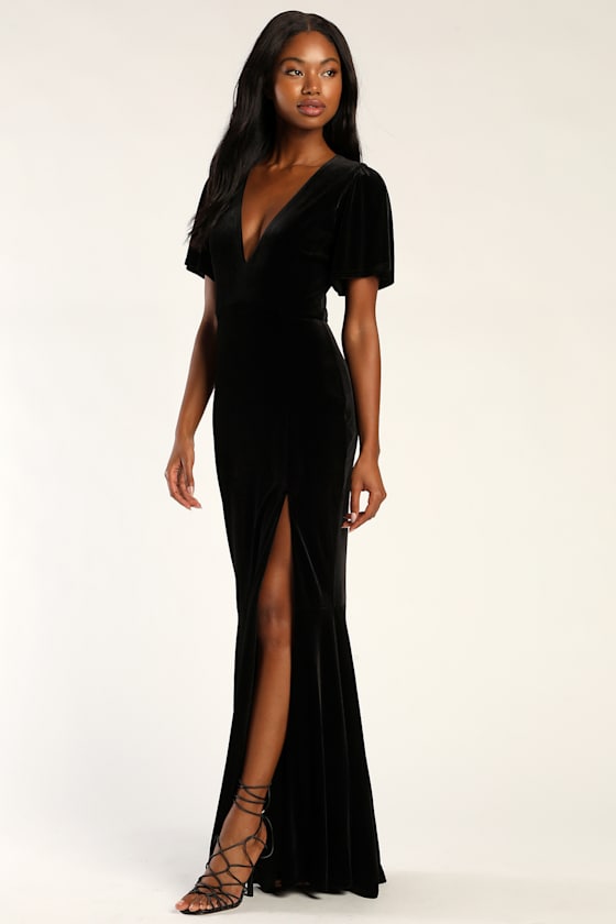 Elegant Evenings Black Velvet Flutter Sleeve Trumpet Maxi Dress