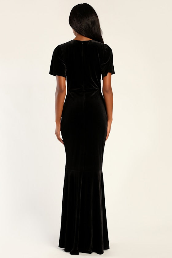 Elegant Evenings Black Velvet Flutter Sleeve Trumpet Maxi Dress