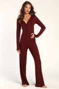 Cuddly Chic Burgundy Ribbed Knit Henley Lounge Jumpsuit