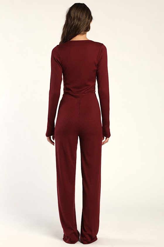 Cuddly Chic Burgundy Ribbed Knit Henley Lounge Jumpsuit