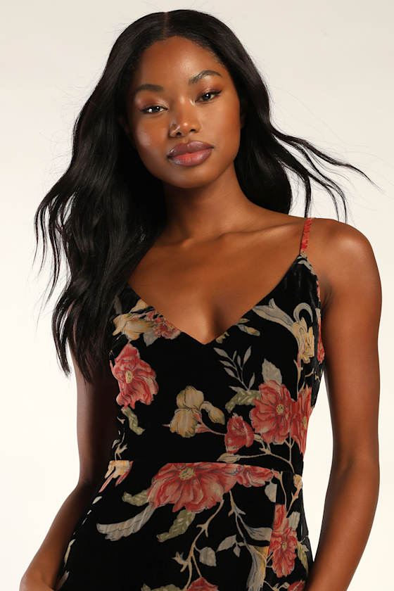 Alluring Blooms Black Floral Burnout Velvet Maxi Dress