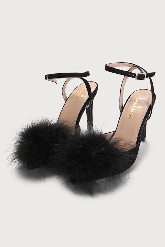 Brodyy Black Feather Pointed-Toe Ankle Strap Pumps