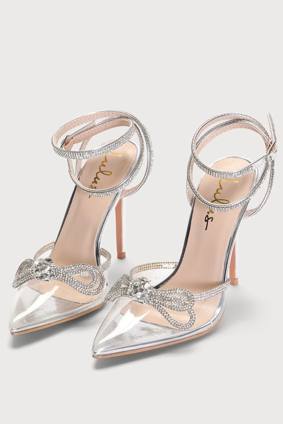Lullie Silver Vinyl Rhinestone Ankle Strap Pointed-Toe Pumps