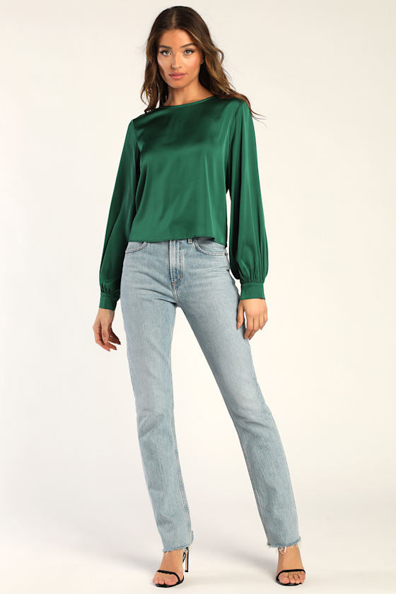Feeling Excellent Emerald Green Satin Long Sleeve Top