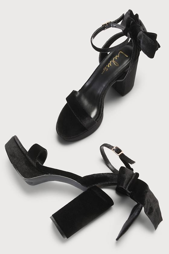 Sassyy Black Velvet Bow Platform Ankle Strap Sandals