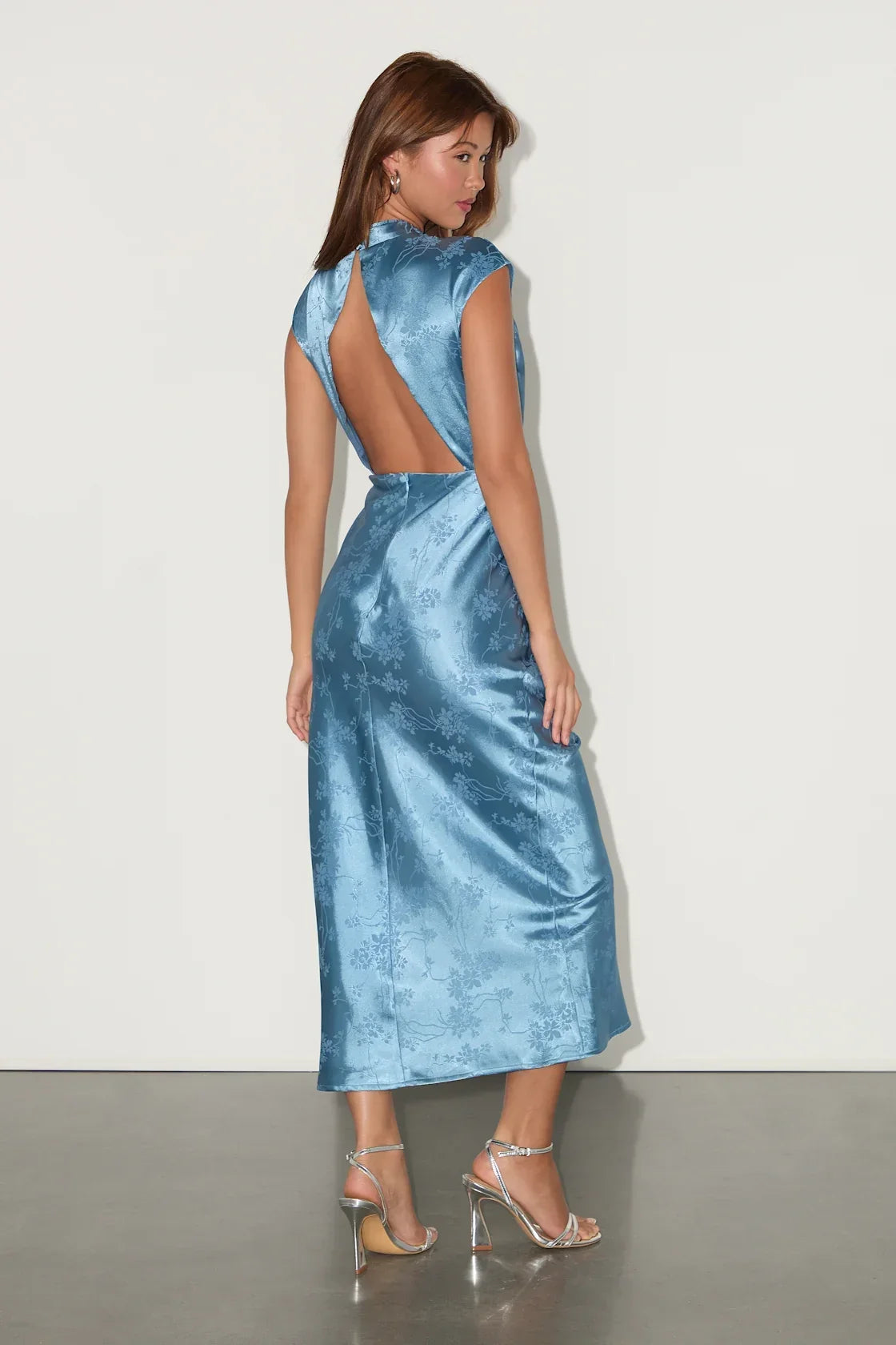 Gia Slate Blue Satin Jacquard Cutout Midi Dress