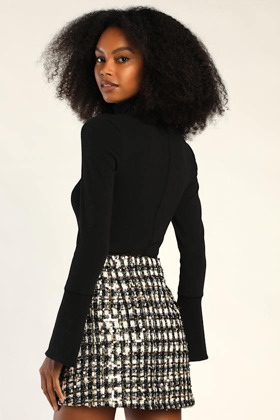 Bubbly Vibe Black White and Gold Sequin Boucle Mini Skirt